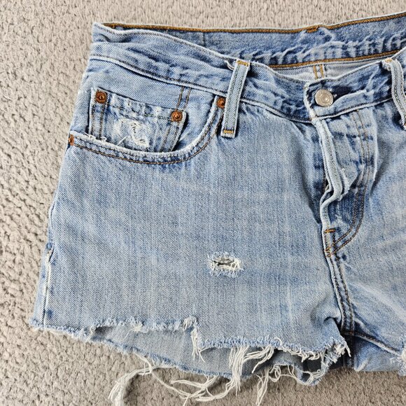 Levis 501 CT Shorts Womens 27 Blue Denim Distressed Mid Rise Button Fly Grunge - Picture 2 of 16
